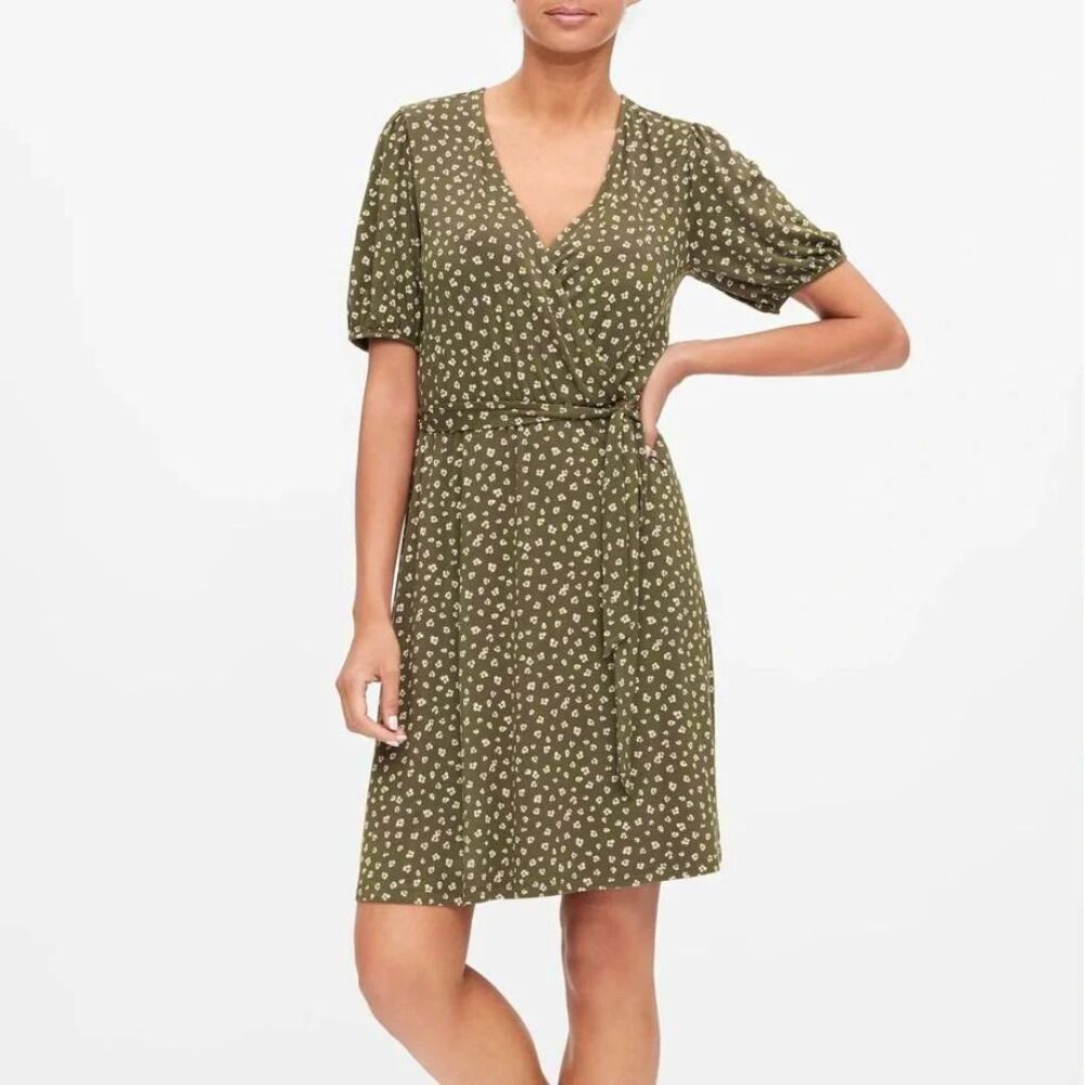 GAP Green Ditsy Floral Faux Wrap Dress Size Small New